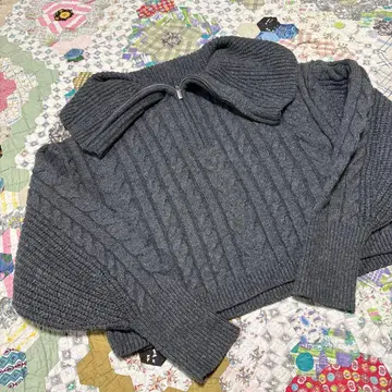 NICE CLAP 빅 칼라 집업 케이블 니트 숏 기장 라메