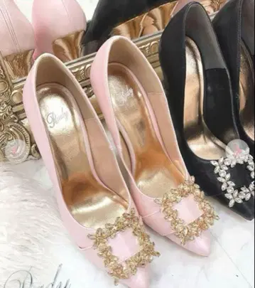 비쥬 벨트 디자인 핑크 하이힐 펌프스