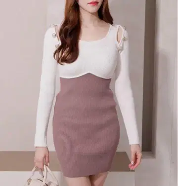 립 서비스 바이컬러 커팅 레이어드 원피스