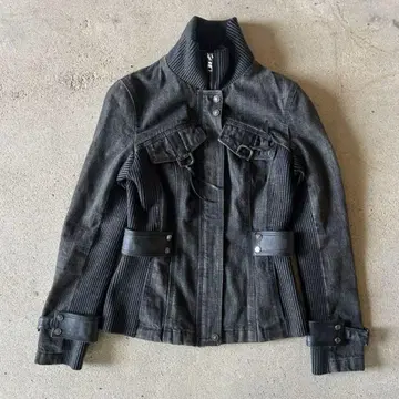 새상품급 EPOCA 가죽 사용 데님 지퍼 자켓 스탠드 카라 블랙