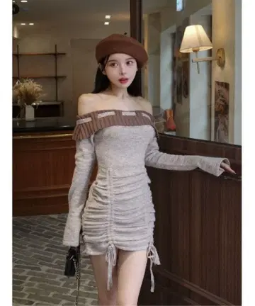 darich 오프숄더 스티치 니트 미니 원피스