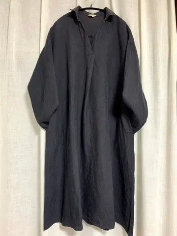 Samansa Mos2 린넨 100% 다크 네이비 긴팔 셔츠 원피스