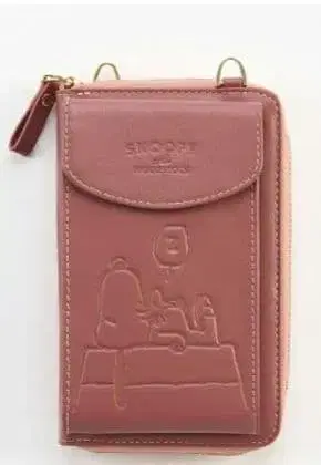 스누피 천연 가죽 오사 이츠키 스마트폰 숄더 장지갑 도크 하우스 패턴