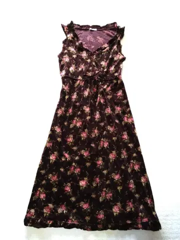 레스트로즈 꽃무늬 슬리브리스 원피스 카슈쿨 허리 리본 벨로아풍