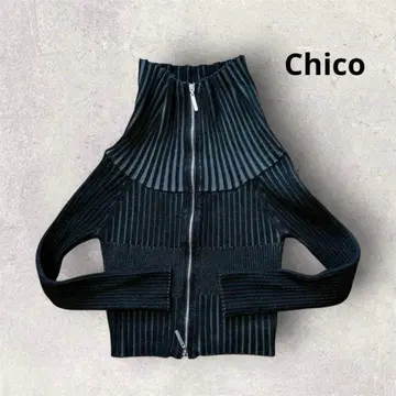 Chico 리브 니트 지퍼 가디건 하이넥 블랙 스트라이프