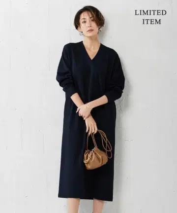 ICB [WEB 한정판] 스트레치 분또 V넥 원피스 네이비