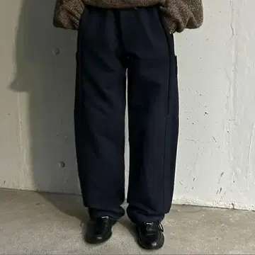 네이비 와이드 팬츠 지퍼 포켓 부착