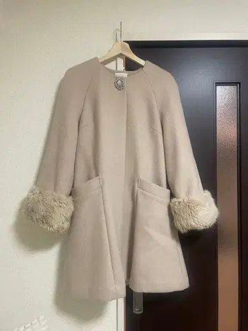 snidel/스나이델/퍼 비쥬 부착 코트/아우터/핑크 베이지