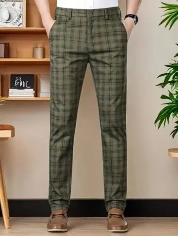 올리브 그린 체크 무늬 슬랙스 사이즈 31