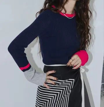 플레어 소매 배색 풀오버 니트 유메텐보 체리 핑크