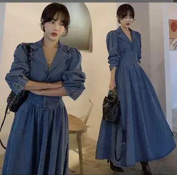 데님 블루 긴팔 셔츠 원피스