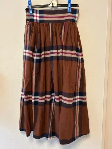 BEAMS BOY 플레어 스커트 롱 코튼 체크 브라운