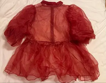 시스루 와인 레드 프릴 상의