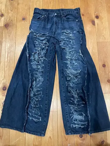 데미지 가공 와이드 데님 팬츠 리메이크