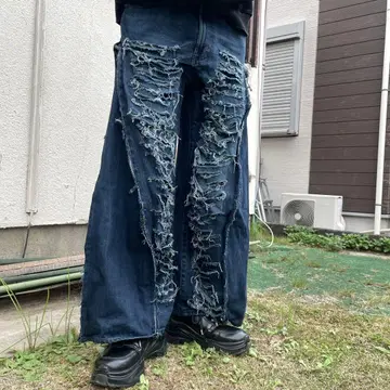 데미지 가공 와이드 데님 팬츠 리메이크