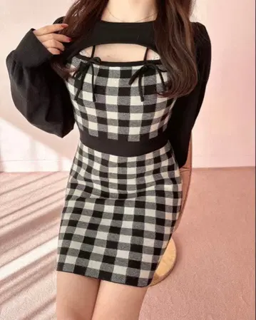 evelyn 리본 체크 타이트 OP