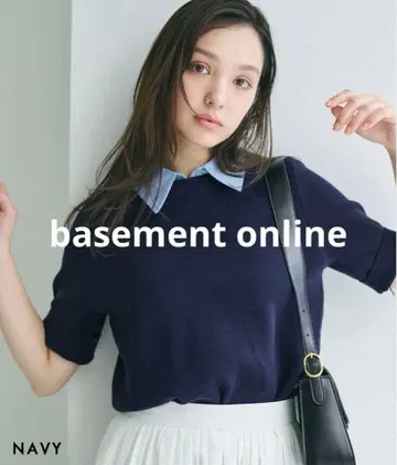 [ basement online ] 카라 부착 반팔 니트 네이비