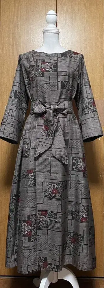 기모노 리메이크 오시마 A라인 원피스 리본(동일 원단 끈 벨트) 포함