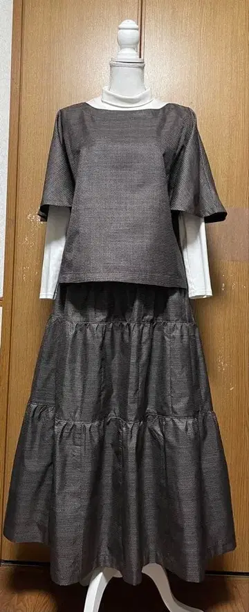 기모노 리메이크 오시마 셋업 플레어 소매 상의 & 캉캉 스커트