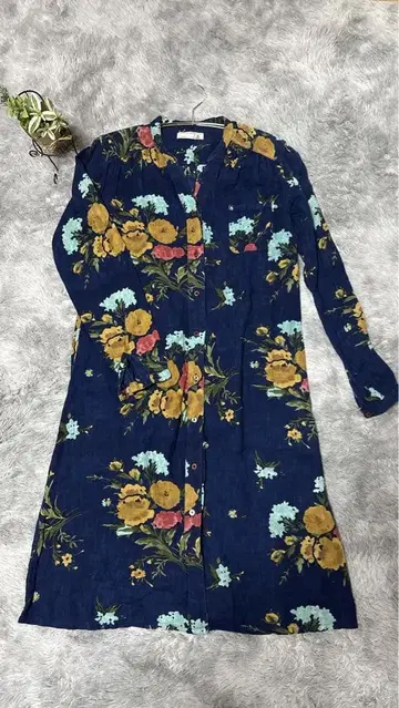 SM2 네이비 플라워 긴팔 셔츠 원피스 앞 버튼