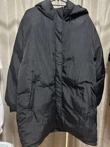 블랙 후드 부착 롱 자켓