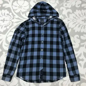 아르마니 남성용 후드 부착 체크 무늬 긴팔 셔츠