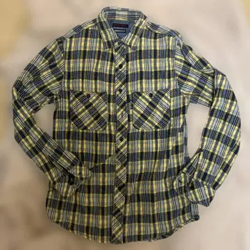 블루블루 인디고 염색 플란넬 셔츠 파랑/옐로우 컬러 체크 사이즈 2