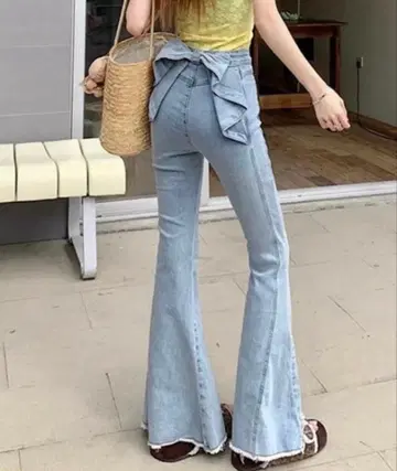 백리본 하이웨스트 플레어 데님 팬츠