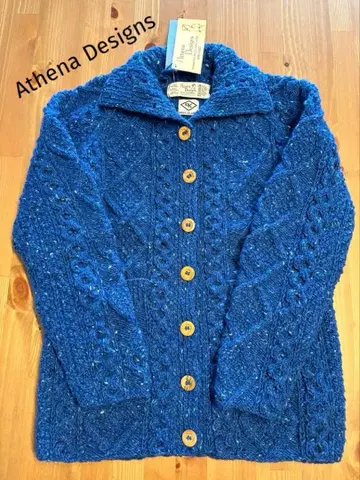 새상품 아테나 디자인 가디건 아란 파랑 블루 네프 손뜨개질 니트