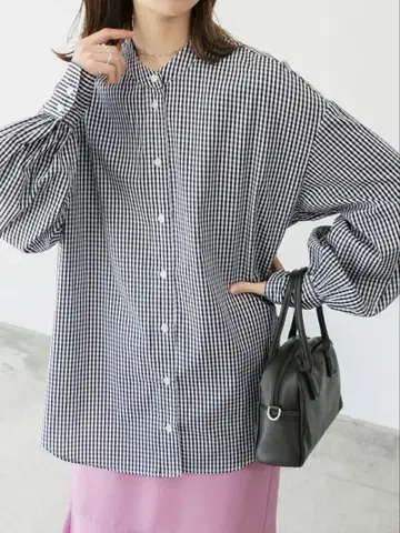 모듬 패턴 볼륨 슬리브 밴드 카라 셔츠 깅엄 체크