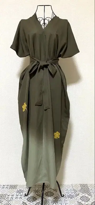 기모노 리메이크 올리브색 롱 드레스 원피스