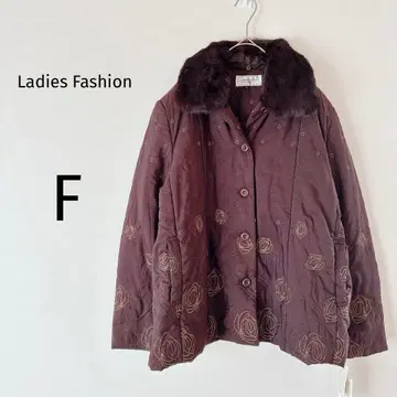 여성용 패션 퀼팅 자켓 퍼 꽃 자수 브라운 F