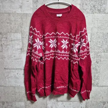 빨간색 눈꽃 패턴 긴팔 니트 스웨터 빅 오버핏 캐주얼