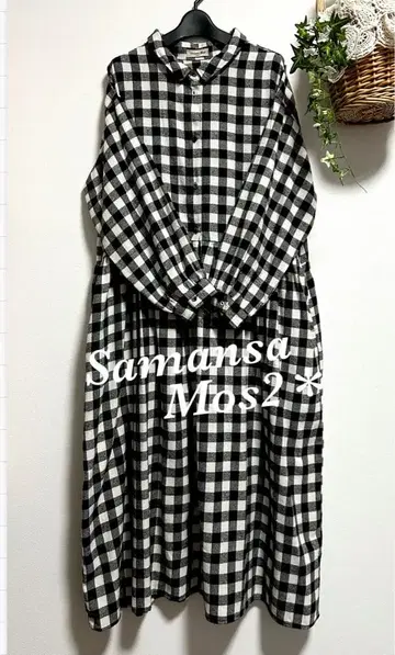 사만사 모스모스 깅엄 체크 패턴 원피스 허리 개더