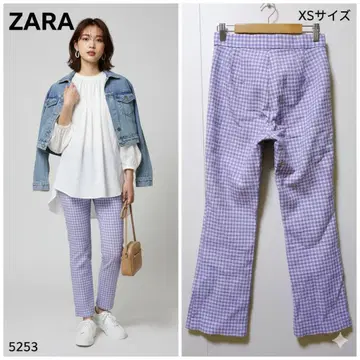 ZARA 자라 깅엄 체크 팬츠 XS 퍼플 하이웨스트 플레어