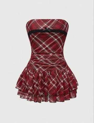 레드 체크 무늬 슬리브리스 미니 원피스