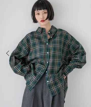 로리즈팜 모듬 체크 BIG 셔츠 그린
