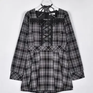 evelyn 프론트 리본 체크 올인원 - 블랙