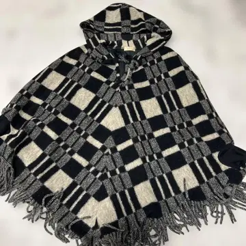 acha 아차 프린지 체크 후드 부착 울 판초