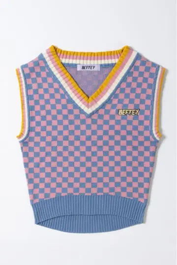 BEFTEY 비프티 로고 니트 베스트 학원 민소매 체커 베스트