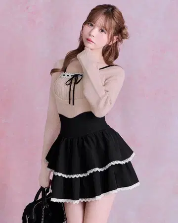 미셸 마카롱 치비 프릴 바이컬러 슬림 레그 스커트 F