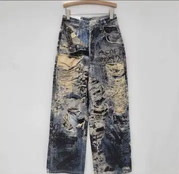 데미지 가공 와이드 레그 데님 팬츠 Y2K 그런지 opium