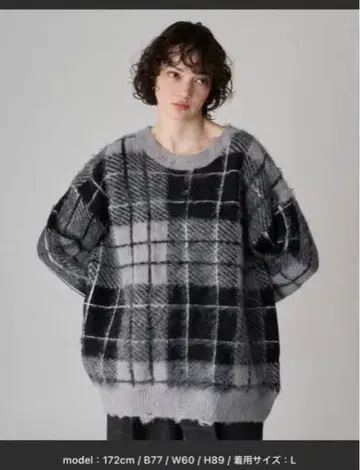 온셰리 샤기 체크 볼륨 니트 블랙