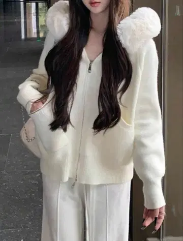 SHEIN 화이트 퍼 집업 후드티 애프리콧 XS