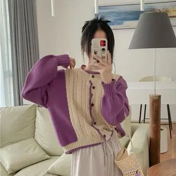 레트로풍 절개 리브 가디건 니트 퍼플 한국