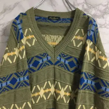 총 패턴 니트 코튼 블렌드 니트 일본제 카키 L 골프 노르딕