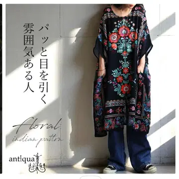 안티카 빈티지 플라워 무늬 튜닉 원피스 인도 면