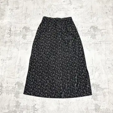 vintage 꽃무늬 롱 스커트 블랙 골드 리프 무늬 허리밴딩