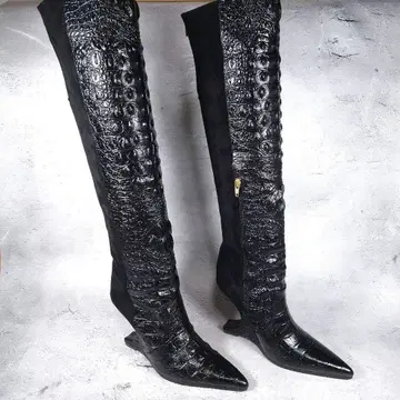 블랙 니하이 부츠 스웨이드 크로커다일풍