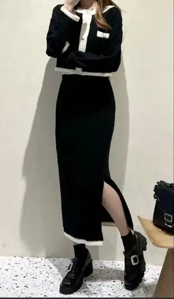 EATME 바이컬러 트위드라이크 니트 가디건 셋업 black